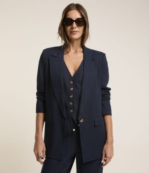 Blazer em Viscolinho com Lapelas e Botão Único Azul Escuro