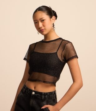 Blusa Cropped em Fio Metalizado com Top Interno Preto