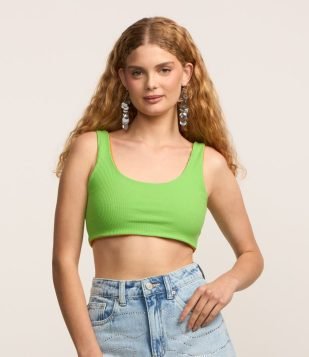 Blusa Regata Cropped Dupla Face em Tecido Misto Canelado Verde-Laranja