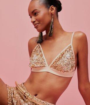 Blusa Top em Paetê com Decote V Dourado