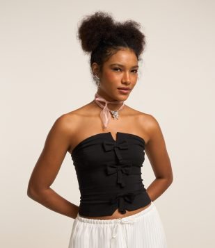 Blusa em Bengaline Tomara que Caia com Laços Frontais Preto