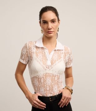 Blusa em Renda com Gola Polo e Textura Floral Branco