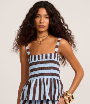 Blusa em Tricoline com Alça Larga e Listras Azule Marrom