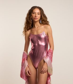 Body Metalizado com Decote nas Costas Rosa