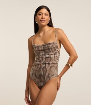 Body em Tule Animal Print e Alcinhas Finas Marrom