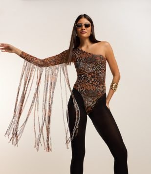 Body em Tule com Ombro Só e Franjas Marrom