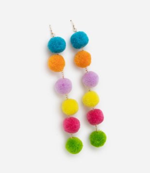 Brinco Fio com Pompons Coloridos Multicores