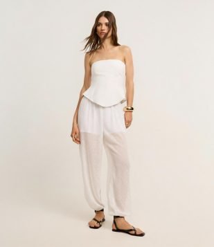 Calça Aladim em Chiffon com Transparência e Textura Branco
