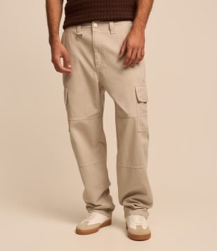 Calça Baggy em Sarja com Pespontos Contrastantes Cinza