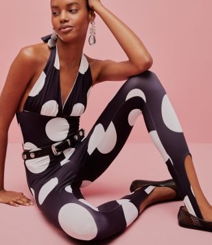 Calça Legging em Microfibra com Estampa Poá Preto e Branco