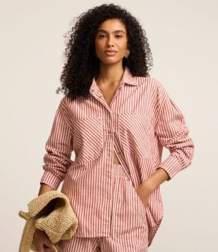 Camisa em Tricoline Listrado com Bolsos Rosa