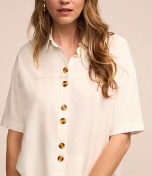 Camisa em Viscolinho com Detalhes Pespontados Branco Neve