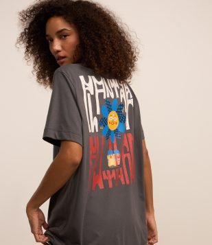 Camiseta em Algodão com Flor Divertida Estampada Cinza