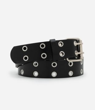 Cinto Médio Com Fivela Dupla Quadrada e Ilhós Preto