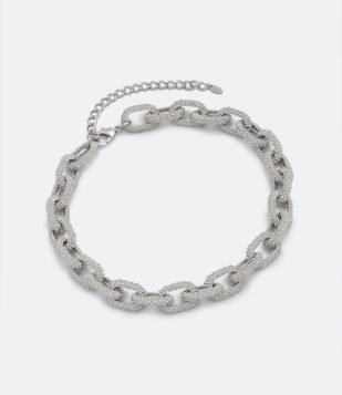 Colar Corrente Curto em Metal com Elos e Textura Prata