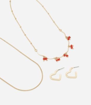Conjunto de Brinco Coração e Colar Camadas com Cerejas Dourado