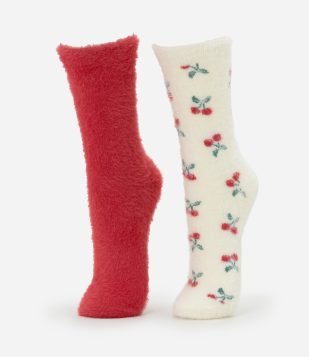 Kit 02 Meias Cano Alto com Pelinhos e Estampa de Cerejas Vermelho e Off White