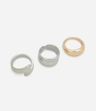 Kit 03 Anéis em Metal Redondos Sortidos Prata-Dourado