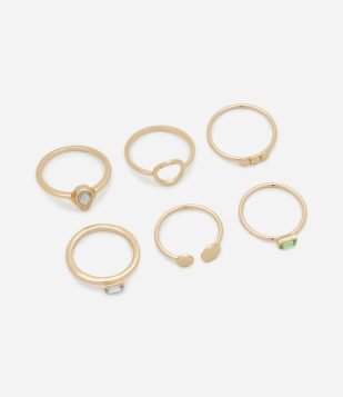 Kit 06 Anéis com Formatos Variados e Cristais Dourado
