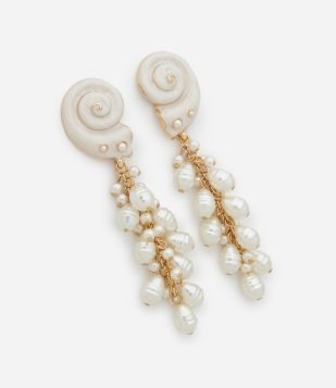 Maxi Brinco Pérola com Base em Formato de Concha e Pingente em Cacho de Pérolas Off White