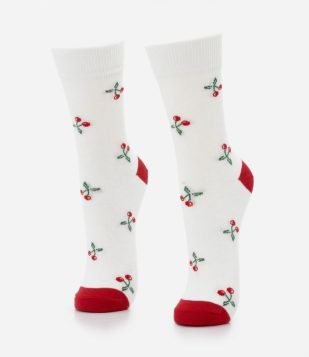 Meia Cano Alto em Algodão com Estampa de Cerejas Branco Neve