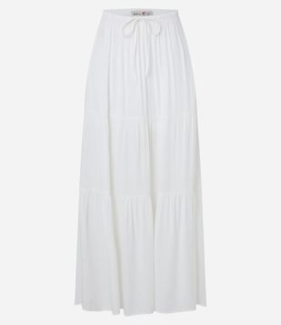 Saia Evasê Longa em Viscose com Amarração e babado Snow White