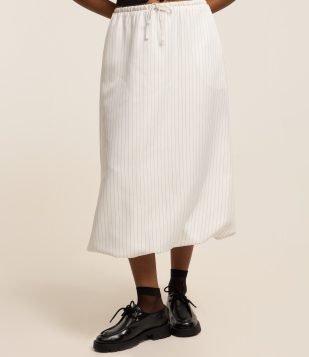 Saia Midi Balonê em Tricoline com Listras em Fio Tinto Branco