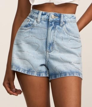Short Slim em Jeans com Ondinhas de Brilhos Azul