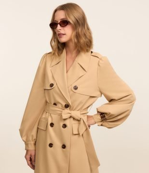 Trench Coat em Gabardine com Manga Bufante e Cinto com Amarração Bege
