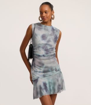 Vestido Ajustado em Tule com Efeito Manchado e Babados Azul