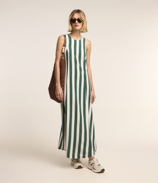 Vestido Evasê Midi Sem Manga em Viscolinho Listrado Verde