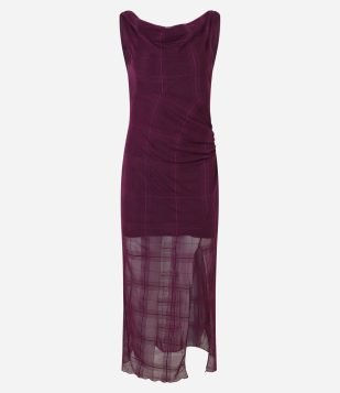 Vestido Longo em Tule Xadrez com Decote Degagê Roxo