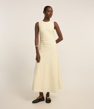 Vestido Midi Evasê sem Manga em Bengaline com Detalhe Drapeado Bege Creme