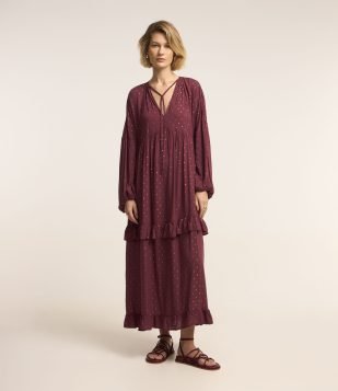 Vestido Midi em Chiffon com Babados Vermelho