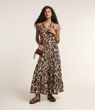 Vestido Midi em Viscose Animal Print Marrom