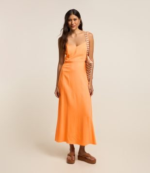 Vestido New Midi em Viscose e Linho e Recortes na Cintura Amarelo