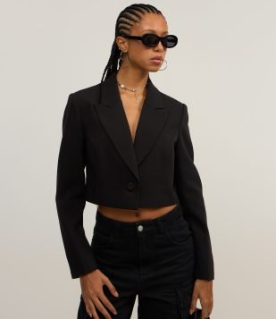 Blazer Cropped Slim Alfaiataria Preto