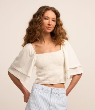 Blusa Curta em Lastex com Manga Godê Branco