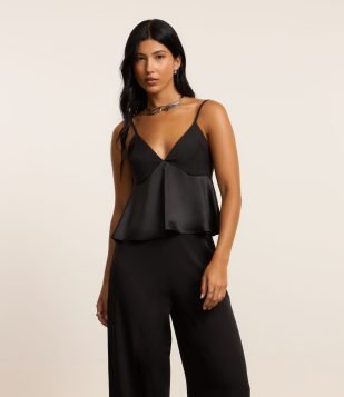 Blusa Godê Acetinada com Alcinhas Finas Preto
