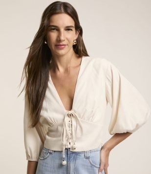 Blusa em Viscolinho com Manga 3-4 Bufante Off White