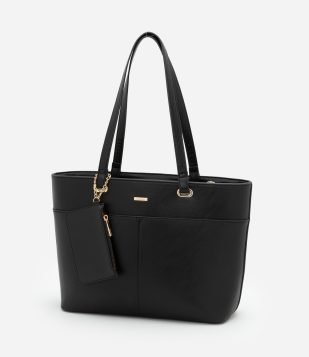 Bolsa Shopper Grande com Alças Duplas e Carteira Preto