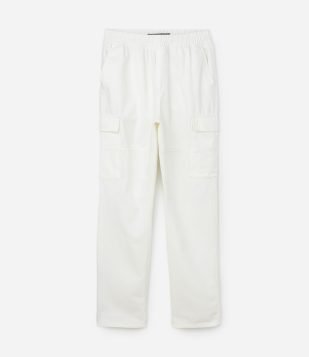Calça Cargo em Sarja com Cós Elástico e Bolsos Laterais Branco