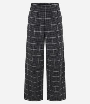 Calça Pantalona em Polivelour Flanelado e Estampada Xadrez Cinza