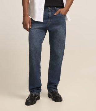 Calça Reta Básica Jeans Denim e Pesponto Contrastante Azul Médio