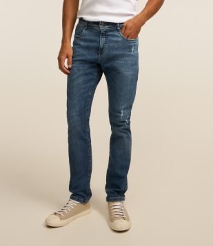 Calça Skinny Jeans com Puídos e Bolsos Azul