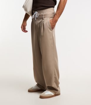Calça Wide Alfaiataria com Cós Cueca Bege