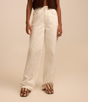 Calça Wide Leg em Sarja com Pespontos Contrastantes Branco