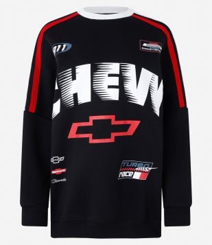 Casaco em Moletom com Viés Contrastante e Estampa Chevrolet Preto