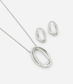 Conjunto de Colar Longo e Brinco com Pingente Orgânico Prata