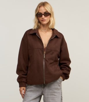 Jaqueta Bomber em Suedine com Zíper Frontal Marrom